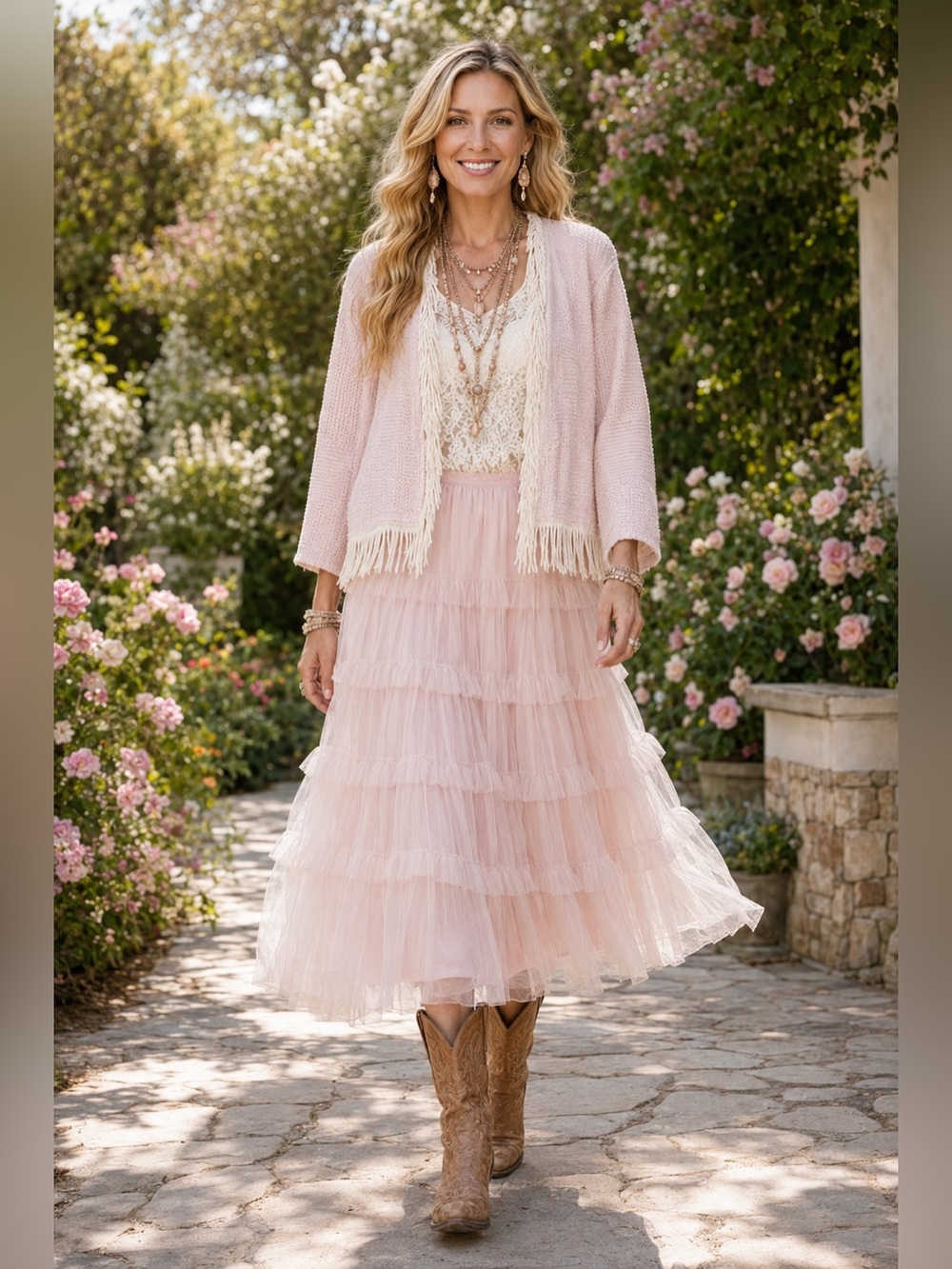New Set Custom Pale Pink Vintage Chenille Fringe Jacket & Pink Tulle Skirt